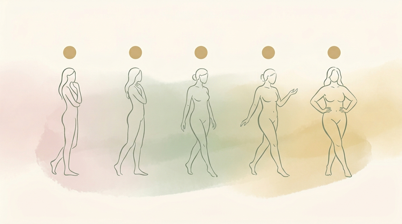 Ilustração em aquarela: cinco silhuetas de mulheres em postura crescente, do recolhimento à expansão, representando a transição da menopausa